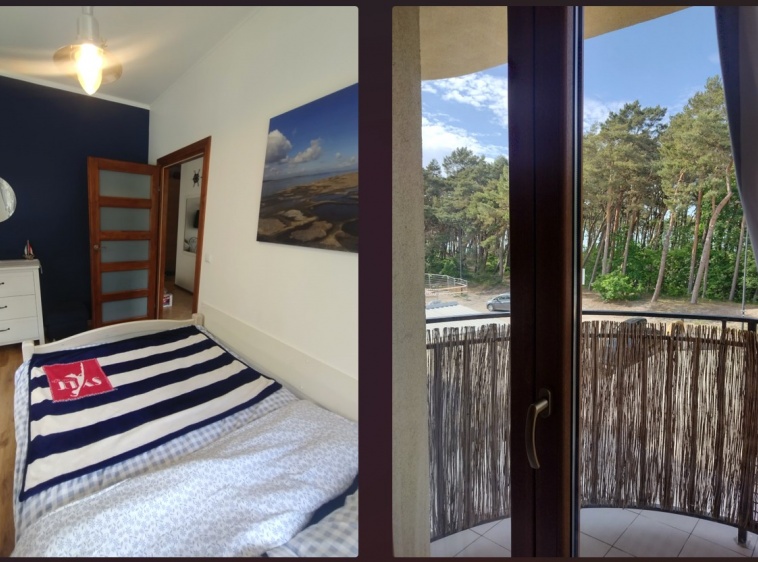 Apartament Morskie Klimaty sypialnia widok z okna na wejscie na plażę?v=1.0